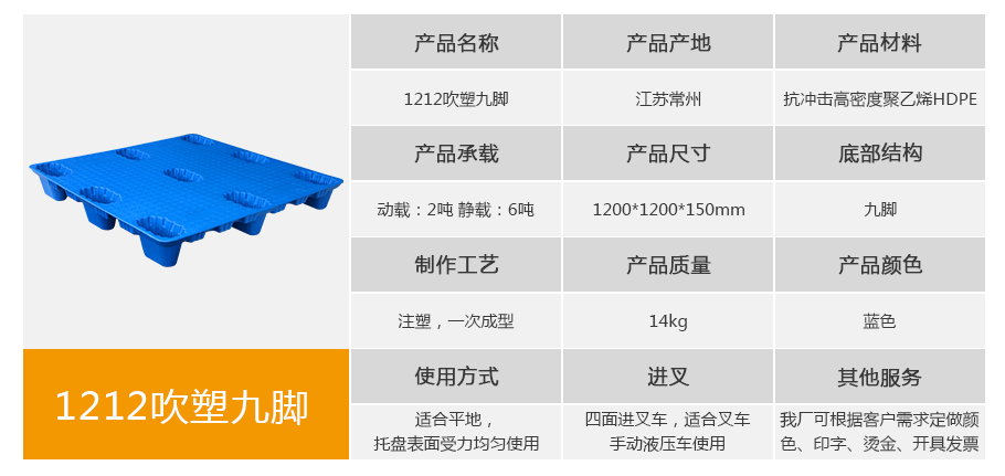 轩盛塑业1212九脚吹塑托盘 1200*1200mm蓝色HDPE材质 动载2T静载6T 14kg超厚款