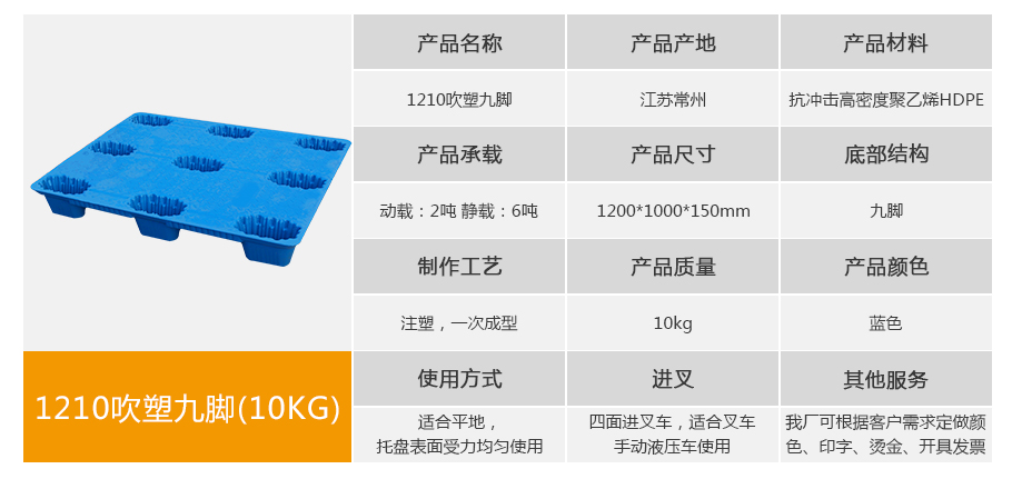 轩盛塑业1210九脚吹塑托盘 1200*1000mm蓝色HDPE材质 动载2T静载6T 10kg加厚款