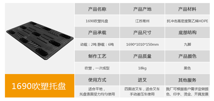 轩盛塑业1690九脚吹塑托盘 1690*1010mm蓝色HDPE材质 动载2T静载6T 18kg超厚款