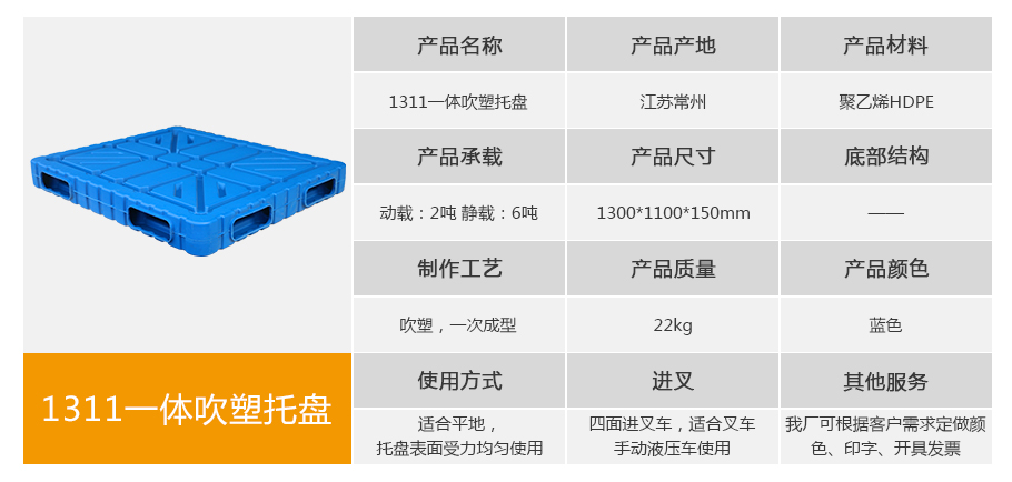 轩盛塑业1311一体成型吹塑托盘 1300*1100mm 22kg 轩盛塑业1311一体成型吹塑托盘 1300*1100mm蓝色HDPE材质 动载2T静载6T 22kg特厚款