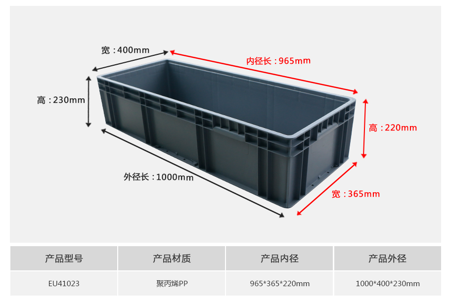 轩盛塑业EU41023塑料物流箱正面展示，1米加长型较深设计带加强筋