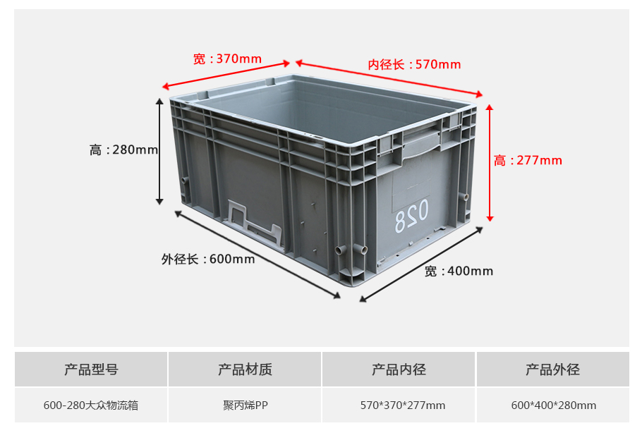 轩盛塑业600-280大众塑料物流箱-正面展示