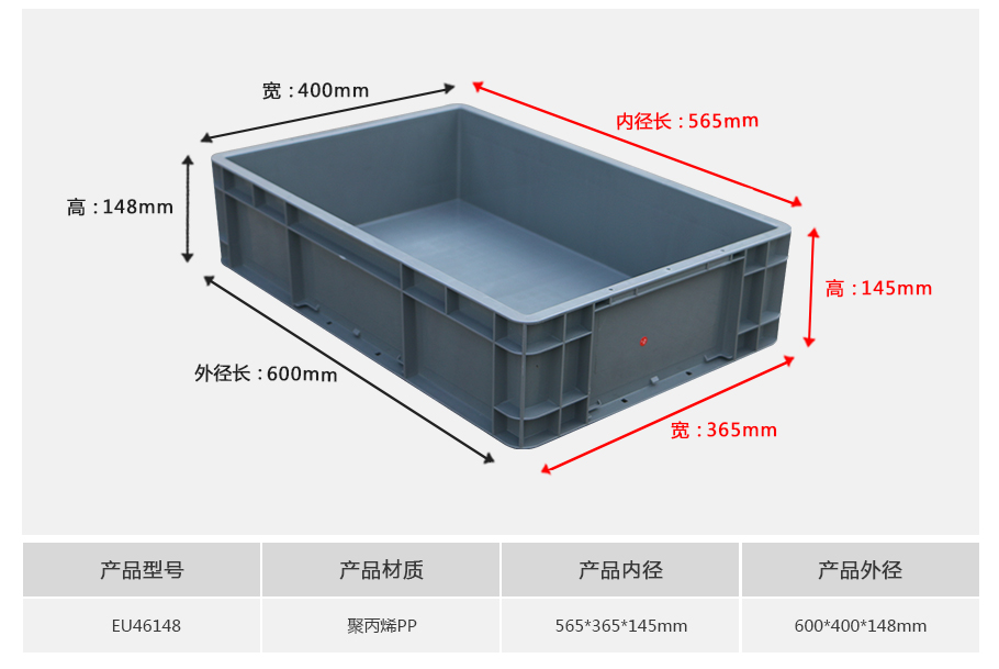 轩盛塑业EU46148塑料物流箱正面展示，常规底面积轻量化设计带加强筋