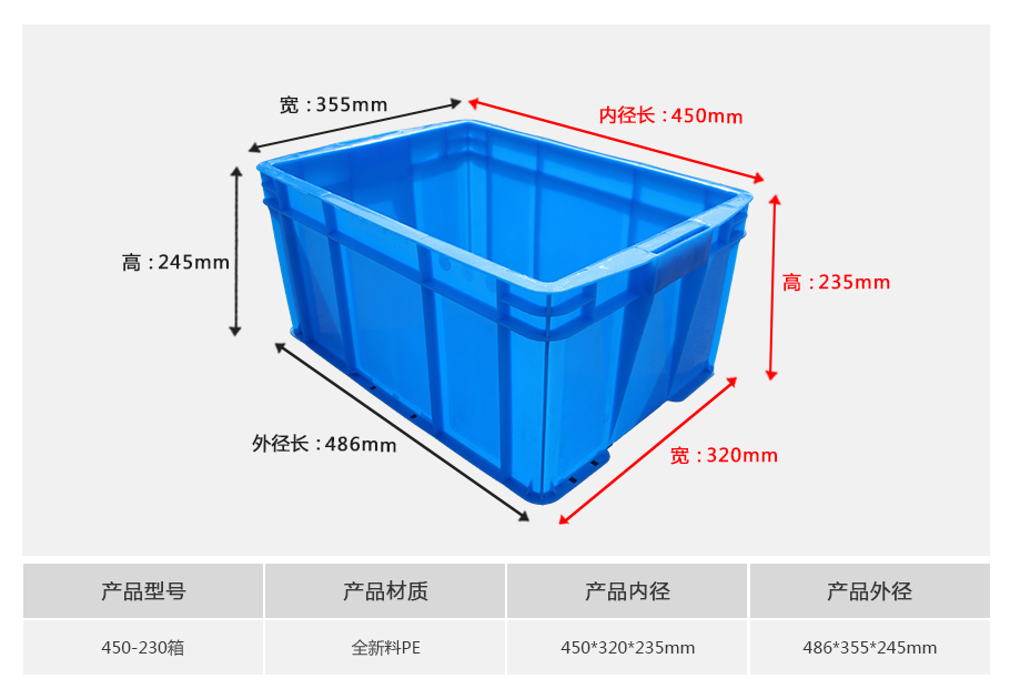 轩盛塑业450-230塑料周转箱 中型深腔加厚款 五金农副产品收纳 HDPE材质