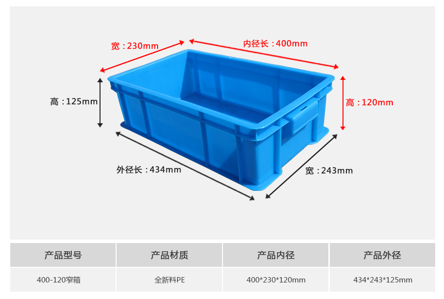 轩盛塑业400-120塑料周转箱窄箱 长条形物料专用 HDPE材质
