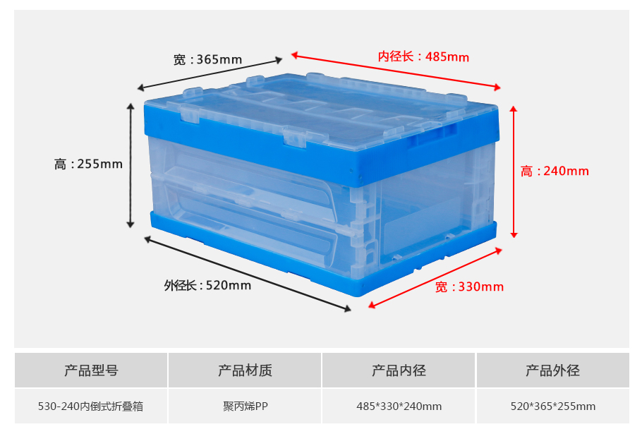 轩盛塑业530-240塑料内倒式折叠周转箱 PP材质 外径520*365*255mm 2.8kg
